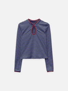 Nöista Long Sleeve Womenswear Fitted Top.With Stripped Fabric And Contrast Neck With A Front Cut Out.Perfect For Daily Outfits In The Back To School Season. - Royal Blue - View 9
