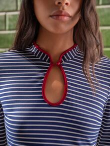 Nöista Long Sleeve Womenswear Fitted Top.With Stripped Fabric And Contrast Neck With A Front Cut Out.Perfect For Daily Outfits In The Back To School Season. - Royal Blue - View 8