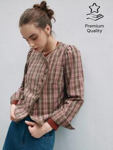 Nöista Pink And Green Plaid Knit Jacket With Mandarin Collar, Asymmetrical Button Closure And Long Sleeves. Fall, Winter, Office, Back To School, Everyday. - Green - View 1
