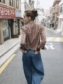 Nöista Pink And Green Plaid Knit Jacket With Mandarin Collar, Asymmetrical Button Closure And Long Sleeves. Fall, Winter, Office, Back To School, Everyday. - Green - View 7