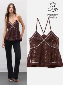 Nöista Deep Burgundy Sequined Halter Top, Fitted Sexy, Perfect For Parties,Evening Events,Dates,Glamorous Layer For Fall And Winter. Elegant And Stylish. - Burgundy - View 3