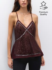 Nöista Deep Burgundy Sequined Halter Top, Fitted Sexy, Perfect For Parties,Evening Events,Dates,Glamorous Layer For Fall And Winter. Elegant And Stylish. - Burgundy - View 1