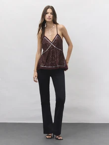 Nöista Deep Burgundy Sequined Halter Top, Fitted Sexy, Perfect For Parties,Evening Events,Dates,Glamorous Layer For Fall And Winter. Elegant And Stylish. - Burgundy - View 7