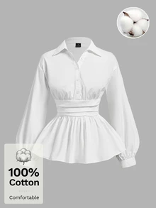 SHEIN MOD 女款純棉素色領口長袖短版白色優雅荷葉邊襯衫，適合辦公、日常、派對、返校、聖誕節、秋季與冬季 - 白色 - 查看 6
