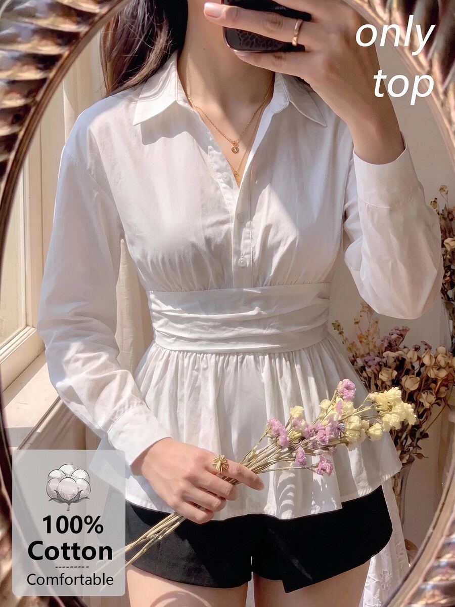 SHEIN MOD 女款純棉素色領口長袖短版白色優雅荷葉邊襯衫,適合辦公、日常、派對、返校、聖誕節、秋季與冬季 - 白色 - 查看 1