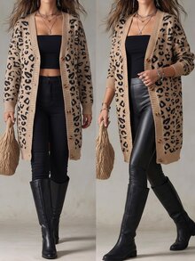 Linhara CURVE Plus Size Women's Autumn/Winter Thick Loose Casual Mid-Length Long Sleeve Knit Cardigan With Buttons And Double-Breasted Leopard Print Woven Versatile Daily Sweater Jacket - Khaki - View 9