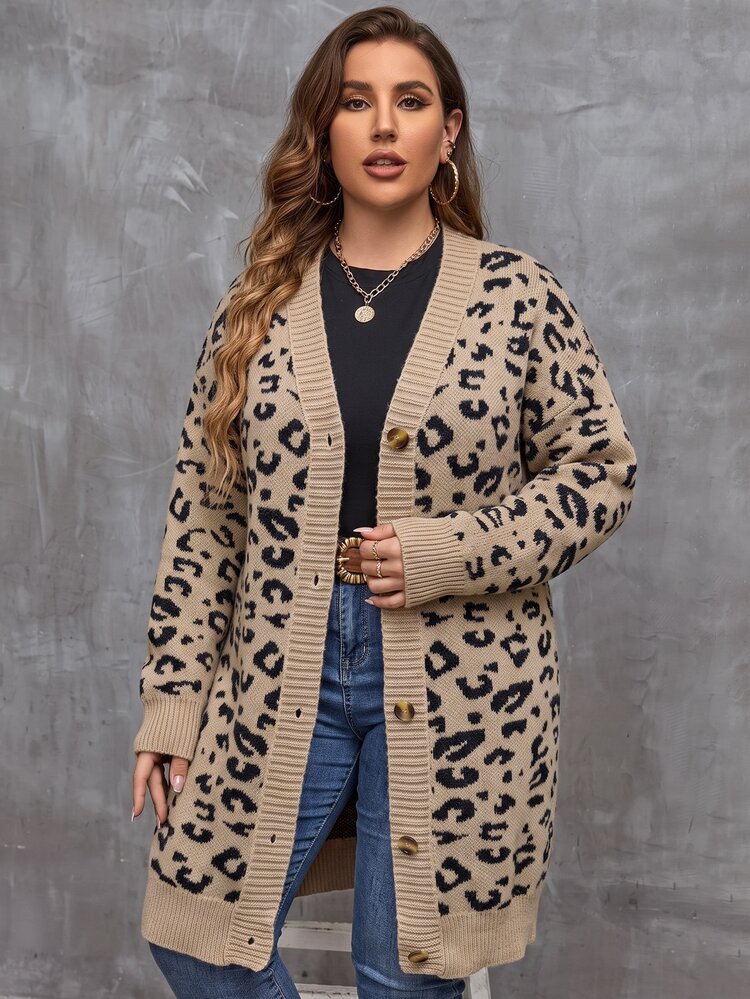 Linhara CURVE Plus Size Women's Autumn/Winter Thick Loose Casual Mid-Length Long Sleeve Knit Cardigan With Buttons And Double-Breasted Leopard Print Woven Versatile Daily Sweater Jacket - Khaki - View 2
