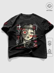 ROMWE MEN Street Life Men's Plus Size Cross Print Crew Neck Short Sleeve Casual T-Shirt - Black - View 1