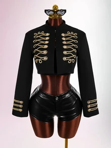 Amplova Women's Long Sleeve Casual Napoleon Cropped Jacket - Black - View 3