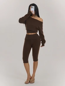 SHEIN PETITE Women's Solid Color Asymmetrical Shoulder Long Sleeve Sweater And 3/4 Length Knit Pants 2 Pieces Set - Coffee Brown - View 9