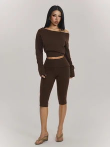 SHEIN PETITE Women's Solid Color Asymmetrical Shoulder Long Sleeve Sweater And 3/4 Length Knit Pants 2 Pieces Set - Coffee Brown - View 6