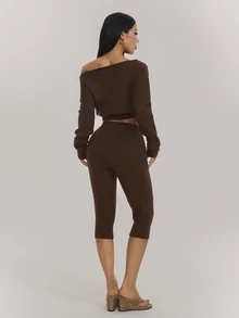 SHEIN PETITE Women's Solid Color Asymmetrical Shoulder Long Sleeve Sweater And 3/4 Length Knit Pants 2 Pieces Set - Coffee Brown - View 2