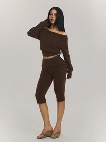 SHEIN PETITE Women's Solid Color Asymmetrical Shoulder Long Sleeve Sweater And 3/4 Length Knit Pants 2 Pieces Set - Coffee Brown - View 7