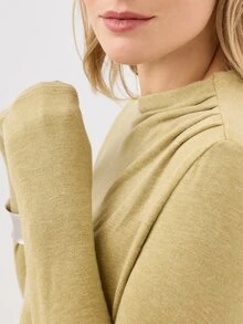 KÆRIA Hus Atasan Lengan Panjang Berkerut - Bahan Jersey Lembut dan Jatuh - Hijau Zaitun Marle - Pas Badan, Pakaian Kerja, Kantor, Bisnis, Musim Gugur, Kasual, Kuning - Hijau - View 7