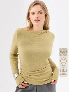 KÆRIA Hus Atasan Lengan Panjang Berkerut - Bahan Jersey Lembut dan Jatuh - Hijau Zaitun Marle - Pas Badan, Pakaian Kerja, Kantor, Bisnis, Musim Gugur, Kasual, Kuning - Hijau - View 9
