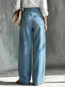 SHEIN Holidaya [Denim Effect] 新款秋季休閒通勤純色寬腿長褲 女款下身褲 秋冬 辦公室 教師工作 藍色牛仔褲 - 中等水洗藍 - 查看 3
