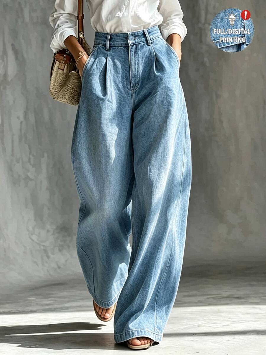 SHEIN Holidaya [Denim Effect] 新款秋季休閒通勤純色寬腿長褲 女款下身褲 秋冬 辦公室 教師工作 藍色牛仔褲 - 中等水洗藍 - 查看 1