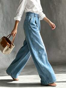 SHEIN Holidaya [Denim Effect] 新款秋季休閒通勤純色寬腿長褲 女款下身褲 秋冬 辦公室 教師工作 藍色牛仔褲 - 中等水洗藍 - 查看 4