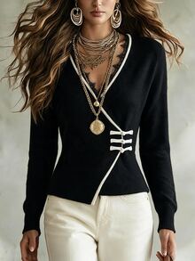 Omancia Early Autumn Chinese Style Soft Lace Patchwork Knit Side Waist Frog Button Design Asymmetrical Hem Contrast Trim V-Neck Knit Sweater For Women - Black and White - View 4