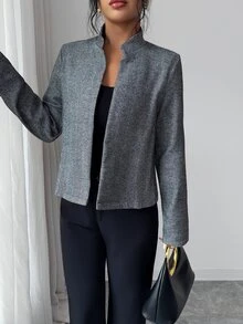 Elenzga Elegant Herringbone Black & White Women's Overcoat - Black and White - View 1