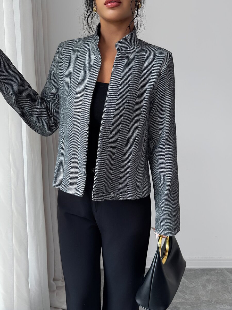 Elenzga Elegant Herringbone Black & White Women's Overcoat - Black and White - View 1
