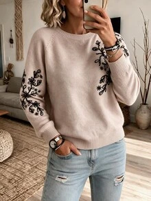 Sprig & Strand Floral Pattern Drop Shoulder Sweater Date Beige Fall Romantic Elegant - Apricot - View 7