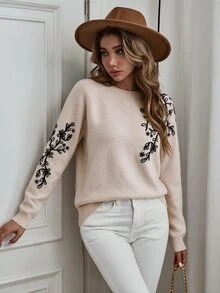 Sprig & Strand Floral Pattern Drop Shoulder Sweater Date Beige Fall Romantic Elegant - Apricot - View 3