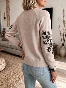 Sprig & Strand Floral Pattern Drop Shoulder Sweater Date Beige Fall Romantic Elegant - Apricot - View 2
