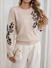 Sprig & Strand Floral Pattern Drop Shoulder Sweater Date Beige Fall Romantic Elegant - Apricot - View 5