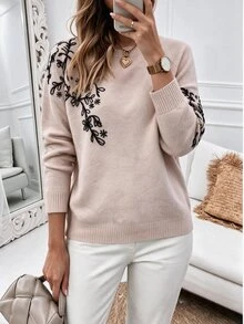 Sprig & Strand Floral Pattern Drop Shoulder Sweater Date Beige Fall Romantic Elegant - Apricot - View 6