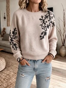 Sprig & Strand Floral Pattern Drop Shoulder Sweater Date Beige Fall Romantic Elegant - Apricot - View 4