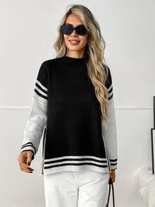 Elyressa Women's Autumn/Winter Striped Drop Shoulder Long Sleeve Casual Loose Sweater - Black - View 4