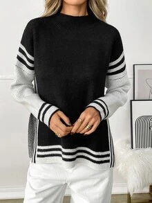 Elyressa Women's Autumn/Winter Striped Drop Shoulder Long Sleeve Casual Loose Sweater - Black - View 7