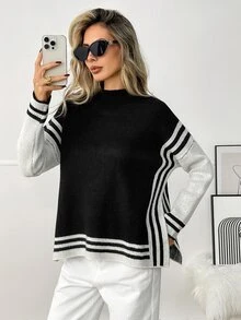 Elyressa Women's Autumn/Winter Striped Drop Shoulder Long Sleeve Casual Loose Sweater - Black - View 1