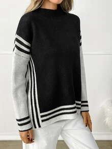 Elyressa Women's Autumn/Winter Striped Drop Shoulder Long Sleeve Casual Loose Sweater - Black - View 6