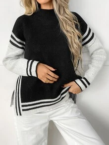 Elyressa Women's Autumn/Winter Striped Drop Shoulder Long Sleeve Casual Loose Sweater - Black - View 5