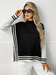 Elyressa Women's Autumn/Winter Striped Drop Shoulder Long Sleeve Casual Loose Sweater - Black - View 3