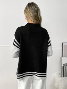 Elyressa Women's Autumn/Winter Striped Drop Shoulder Long Sleeve Casual Loose Sweater - Black - View 2