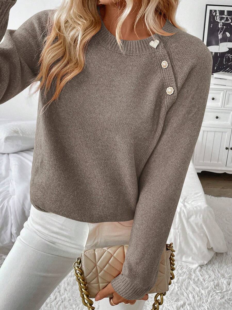 EMERY ROSE Women's Oblique Placket Button Front Long Sleeve Casual Minimalist Sweater Knit Pullover Autumn Work Everyday Chocolate Brown - Camel - View 1