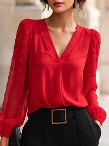 EMERY ROSE Women's V-Neck Lantern Sleeve Solid Color Loose Casual Shirt, Autumn Fall Cloth For Women - Red - View 8