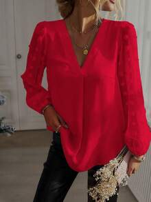 EMERY ROSE Women's V-Neck Lantern Sleeve Solid Color Loose Casual Shirt, Autumn Fall Cloth For Women - Red - View 7
