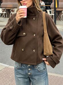 SHEIN PariChic Fall Coffee Brown Short High-Neck Overcoat, Loose Drop Shoulder Cut, Double-Breasted Closure, Adjustable Cuff Strap Design, Everyday Travel - Brown - View 2