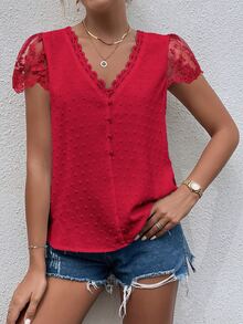 Trelyra Swiss Dot Guipure Lace Panel Blouse For New Year Clothes - Red - View 5