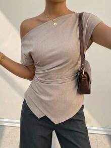 Ritzy Row Elegant Sexy Asymmetric Collar, Ruched Cinched Waist, Asymmetrical Hem Short Sleeve Blouse, Versatile For Daily Commute, Light Brown - Brown - View 5
