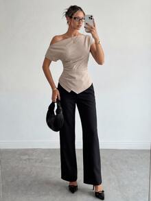 Ritzy Row Elegant Sexy Asymmetric Collar, Ruched Cinched Waist, Asymmetrical Hem Short Sleeve Blouse, Versatile For Daily Commute, Light Brown - Brown - View 6