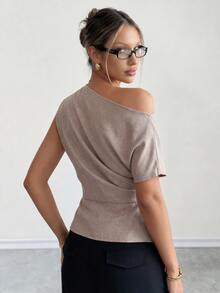 Ritzy Row Elegant Sexy Asymmetric Collar, Ruched Cinched Waist, Asymmetrical Hem Short Sleeve Blouse, Versatile For Daily Commute, Light Brown - Brown - View 4