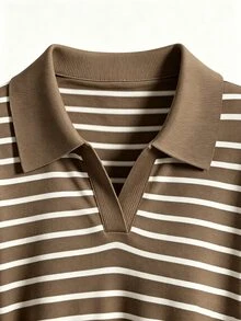 SHEIN Franclia Women's Casual Striped Polo Collar Short Sleeve T-Shirt, Suitable For Daily Wear And Commuting - Brown - View 4