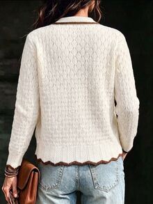 SHEIN Women's Basic Minimalist Casual Fashion Hollow Lapel Commuter Knit Cardigan Brunch Off-White Autumn - White - View 3