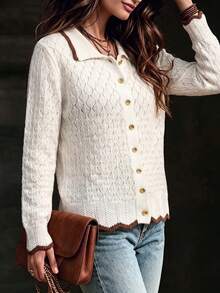 SHEIN Women's Basic Minimalist Casual Fashion Hollow Lapel Commuter Knit Cardigan Brunch Off-White Autumn - White - View 5