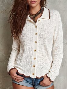 SHEIN Women's Basic Minimalist Casual Fashion Hollow Lapel Commuter Knit Cardigan Brunch Off-White Autumn - White - View 2